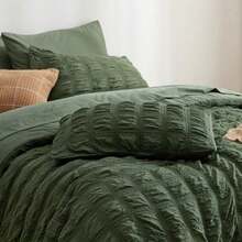 Bed in a Bag Queen - 7 Pieces Plaid Seersucker Bedding Comforter Sets Soft Lightweight Olive Green Boho Bed Set with Comforters Queen Size Sheets Pillowcases and Shams - 06 Verde oliva - Ver 5