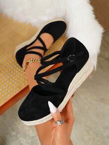 Women's Elegant One-Strap Buckle Wedge Platform Casual Shoes, Suitable For All Seasons - Black - View 8