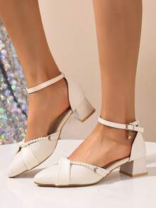 女士米色高跟凉鞋，时尚珍珠装饰优雅粗跟闭趾露跟凉鞋，尖头单带镂空凉鞋，米色高跟凉鞋，适合搭配连衣裙、旗袍、舞蹈服 - 米色 - 查看 5