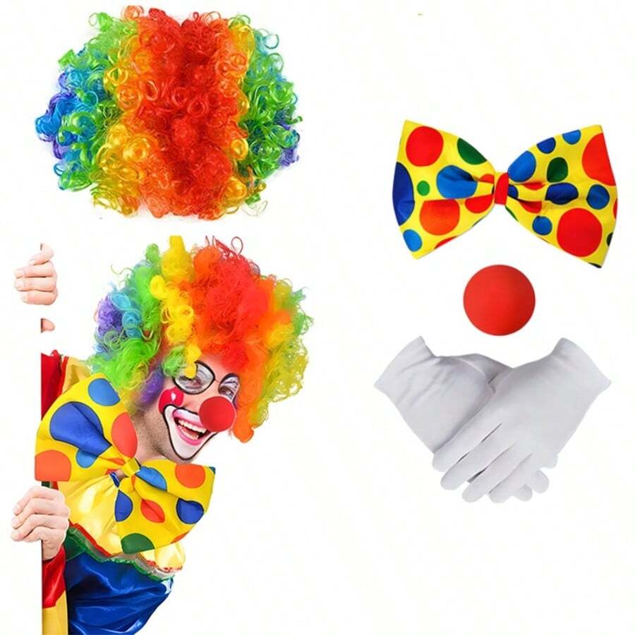 4件套小丑服装套装，包括：彩虹小丑假发、鼻子、领结、白色手套、嘉年华小丑配饰和嘉年华服装。 - 彩色 - 查看 1