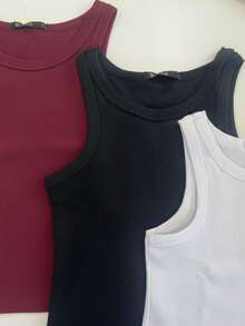 Kit Of 3 Women's Tank Tops, American Style, Stylish Blogger, Premium, Suitable For Winter, World Cup, Brazil, Easter, Mother's Day. - Black and White Burgundy - View 1
