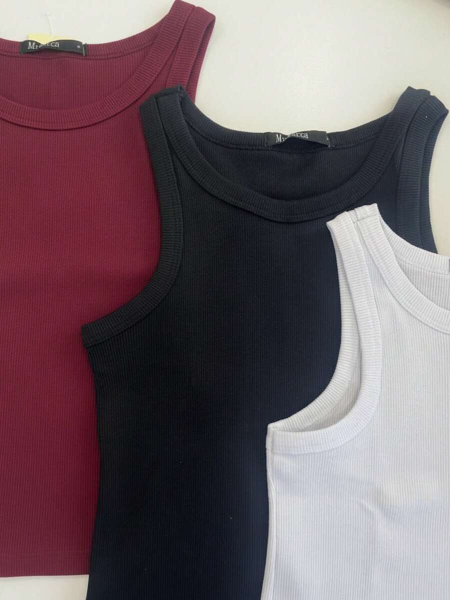 Kit Of 3 Women's Tank Tops, American Style, Stylish Blogger, Premium, Suitable For Winter, World Cup, Brazil, Easter, Mother's Day. - Black and White Burgundy - View 1