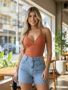 Women's Ribbed Tank Top In The Color Of The Year. Great Fit. Basic And Easy To Match. Minimalist With V-Neck And Neck Tie. Summer. - Terracotta - View 2