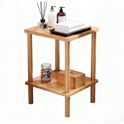 2-Tier End Table, Outdoor Indoor Side Table With Lower Shelf - Small Patio Accent Table, Weather-Resistant Fir Wood Nightstand For Balcony, Pool, Lawn, Living Room - Teak Finish