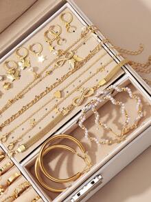 Conjunto de joyería metálica asimétrica para mujer, que incluye collar, aretes, anillo, pulsera y tobillera - Amarillo Oro - Ver 4