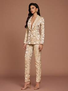 Casual Fashion Solid Color All Over Printed Long Sleeve Suit Jacket And Pants Ladies Suit Set - Apricot - View 5