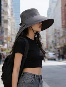Women's Summer Sun Hat, Outdoor Cycling Neck Protector, Wide Brim, Breathable, Foldable, Hiking Bucket Hat, Fashionable, Versatile, Solid Color, Casual, Polyester Fiber (Polyester) Solid Color Windproof And UV Protection Hat For Spring And Summer., Beach, Vacation - Hat - View 10