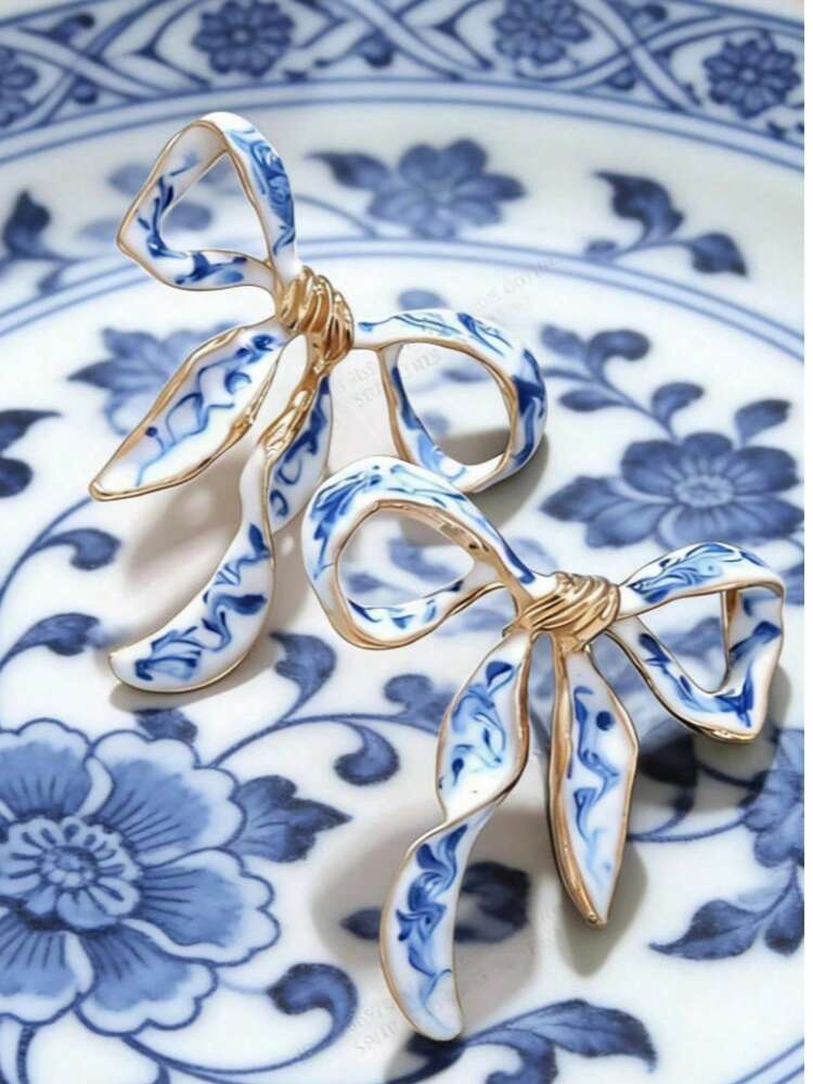 一对欧美复古艺术蝴蝶结设计耳环，创意优雅瓷器风格耳环 - 彩色 - 查看 2