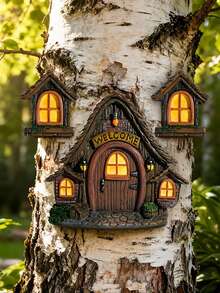 1 Set Wooden Fairy Tale Treehouse 3 Pieces Set, Garden Tree Decor Hanging Ornament, Outdoor Yard Miniature Landscape Accessory - B - View 8