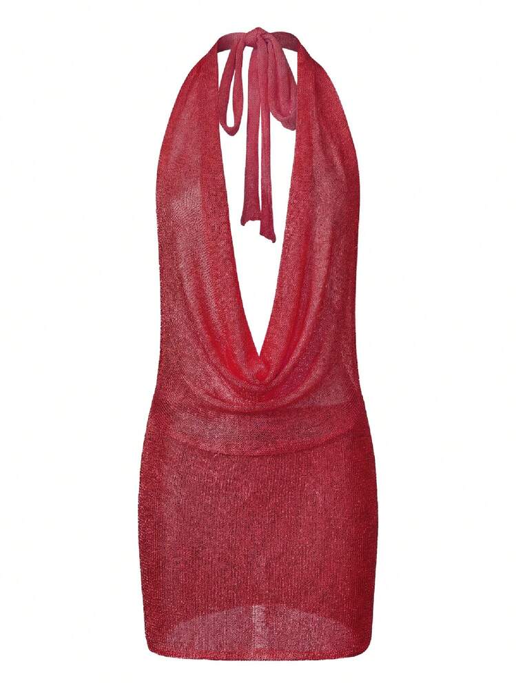 Sequin Backless Dress For Women Knit Cowl Neck Halter Mini Dress Glitter Low Back Sparkle Party Dresses - Red - View 5
