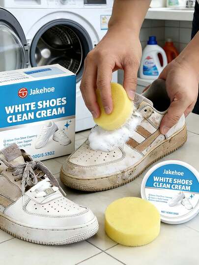  JAKEHOE White Sneaker Care Cream, Synthetic Leather Polish And Renovator; A Multi-Purpose Care Cream Designed To Restore The Original Luster Of Shoes And Leather Furniture, Easy To Apply, Suitable For Household Use. Gentle No-Rinse Dirt And Yellowing Removal Cleaner For White Sneakers. All-In-One Sneaker Cleaning Kit, Sneaker Cleaner, White Shoe Cleaner, Tennis Shoe Cleaner, Travel Shoe Cleaner