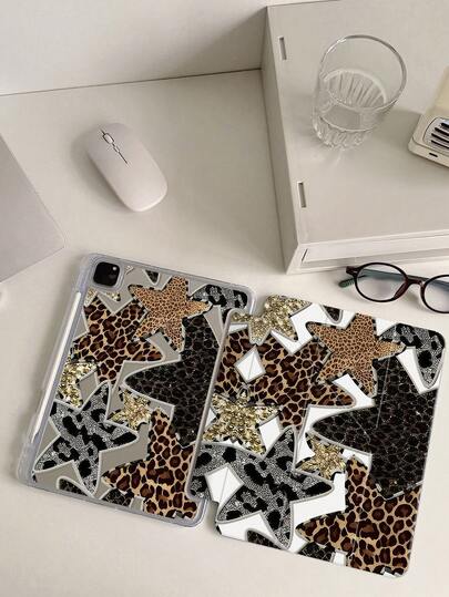 1个可爱卡通豹纹星星双面亚克力透明水晶后盖，防震耐用，适用于iPad第7、8和10代（10.2英寸）。内置笔槽，支持睡眠/唤醒功能。是万圣节和新年的理想礼物。