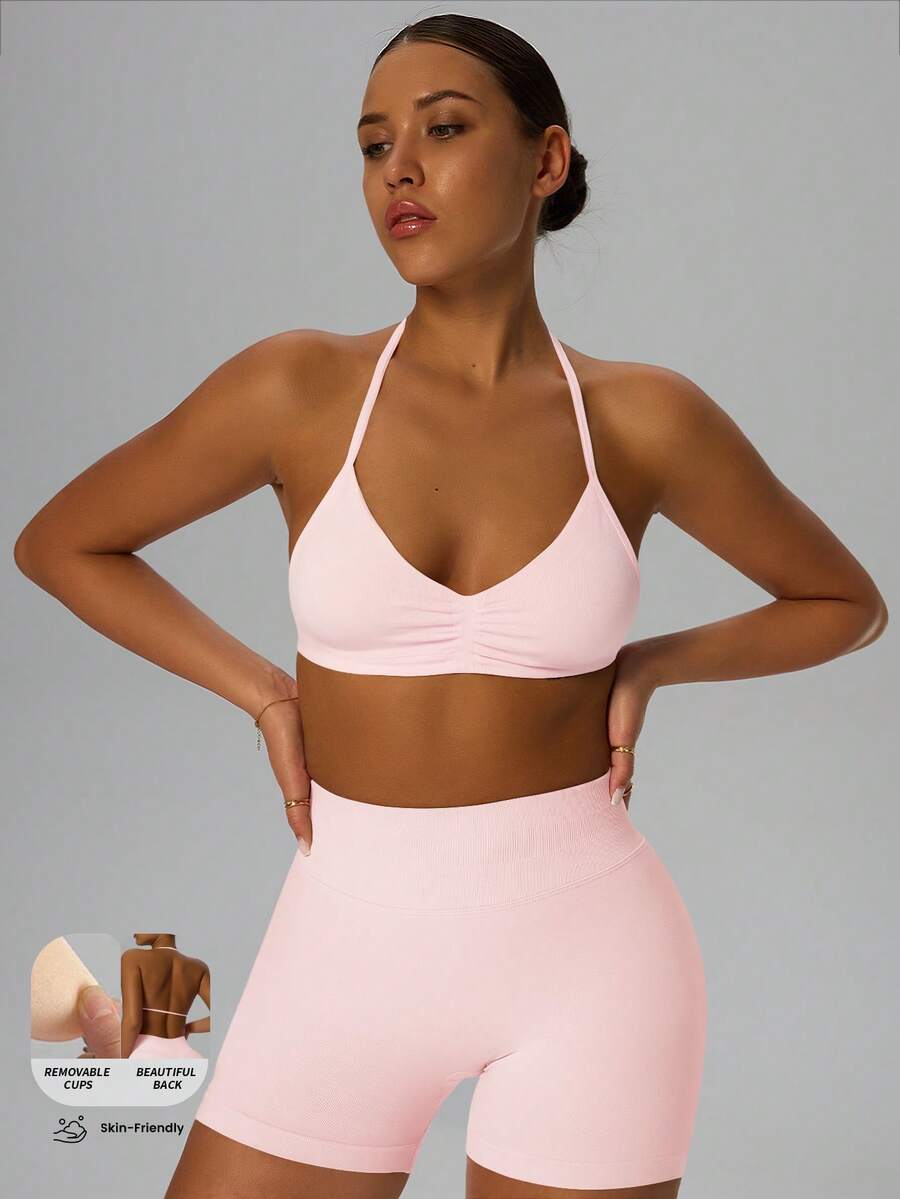 Yefecy 女士高支撑细肩带运动吊带背心，适合健身、瑜伽等运动，具有高支撑性和高弹性，适合运动、瑜伽及各种场合，粉色春季款 - 粉色 - 查看 1