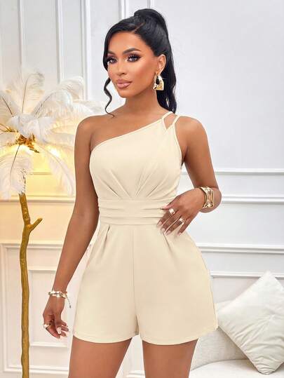 AIJ 女士杏色纯色优雅时尚单肩不对称无袖露背褶皱短裤连体裤，适合夏季春季海滩度假派对婚礼宾客毕业季穿着
