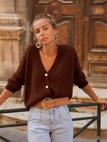 Solid Color Cardigan Long Sleeve Knit Sweater Jacket, Autumn/Winter - Brown - View 4