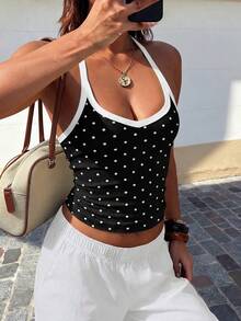 Women's Casual Sexy Versatile Ribbed Spaghetti Strap Halter Neck Tank Top, Spring/Summer - White Black - View 3