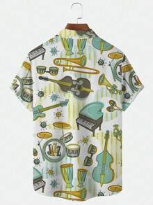 Vivid Jazz Instrument Pattern Symbolizing Rhythm Freedom And Artistic Energy With Guitars Drums Pianos And Trumpets Reflecting The Spirit Of Music 3D Print Men's Casual Short Sleeve Shirt Beach Style - trắng - Xem 2