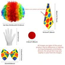 4件套嘉年华小丑服装套装，包括：彩虹小丑假发、鼻子、领结、白色手套、嘉年华派对小丑配饰、嘉年华服装 - 彩色 - 查看 6