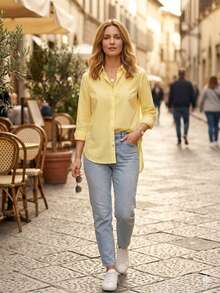 Long-Sleeved Striped Dress Shirt, In A Lightweight And Flowy Fabric, Suitable For Work And Casual Wear - Comfort And Style. - Yellow - View 2