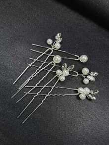 6pcs Pearl Hair Clips, Handmade Crystal U-Shaped Hair Accessories For Brides, Wedding, Party,Summer,Beach - Silver - View 2