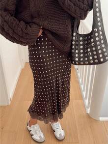 Women Satin Lace Trim Midi Skirt Polka Dot Print High Waist Long A-Line Skirts Vintage Silk Going Out Dress Y2k Streetwear Party Clubwear - 棕色-A - 查看 5