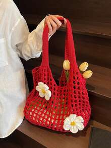 女士针织镂空手提包 新款大容量单肩复合包 编织沙滩度假手提包 夏季西部风针织手提包 女士新款大容量百搭针织休闲单肩包 - 紅色 - 查看 2
