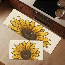 1/2/3pcs-Large Sunflower With Bright Yellow Petals Dark Brown Center Cartoon Bees Bold Line Art Graphic Print Beige Background Decorative Floor Mat-Flannel Material, Soft, Comfortable And Easy To Clean, Suitable For Bathroom, Bedroom, Kitchen, Porch, Laundry Room, Daily Decor, Three Sizes Available - 黑色 - 查看 1