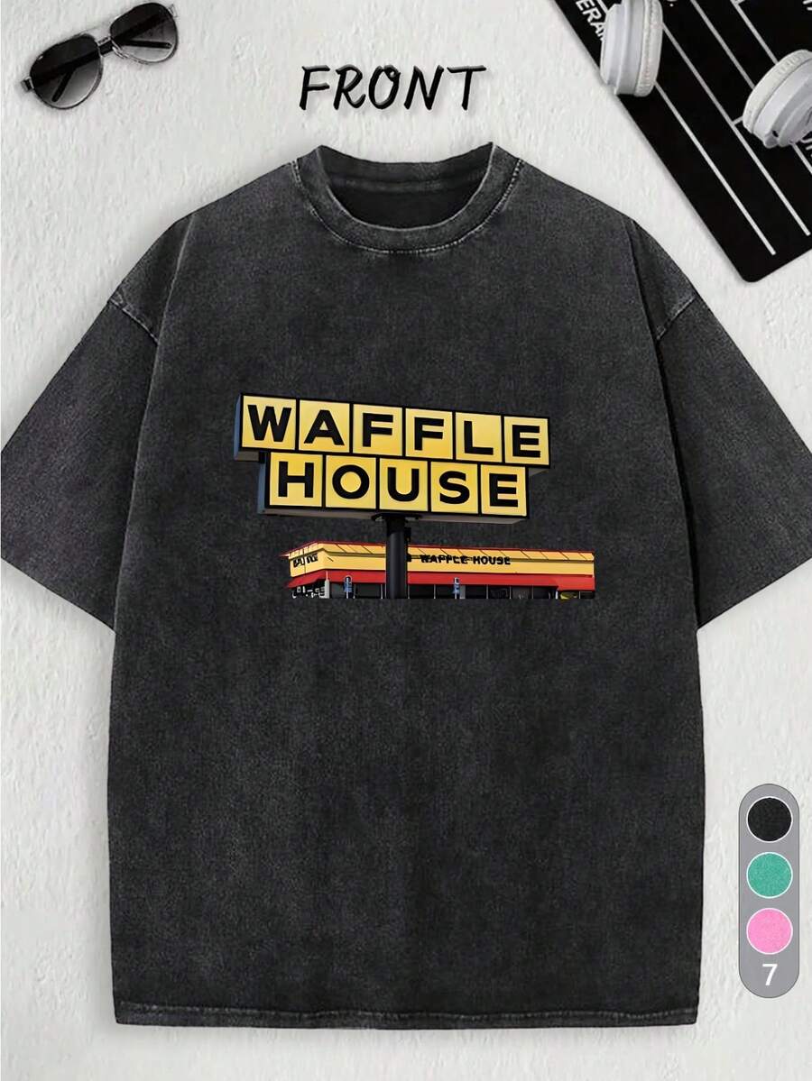 T-Shirt With Waffle House Pattern Print, Vintage Distressed Washed Couple T-Shirts, Men And Women T-Shirts, Fashion, Commuting, Sports, Soft And Comfortable T-Shirts, Casual Tops For Spring, Summer, And Autumn, Men'S Outdoor Wear - 黑色 - 查看 1