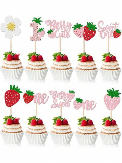 20/10片装闪亮草莓蛋糕装饰贴纸 - 闪亮草莓风格 | 一周岁生日蛋糕装饰 | 草莓主题生日派对装饰 | 适用于宝宝洗礼和一周岁生日派对蛋糕装饰