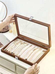 1件 7.9英吋木製珠寶盒，附玻璃蓋與鈕扣，10個掛鉤項鍊收納盒，桌面收納器，適合女性與妻子的禮物，可用於存放項鍊與珠寶，經典設計，精湛工藝，珠寶盒，生日禮物 - 彩色 - 查看 2