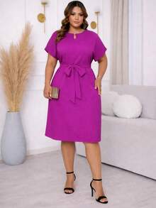 Women's Plus Size Midi Dress, Loose Fit, Comfortable, And Loose Style. - 玫瑰紅 - 查看 1