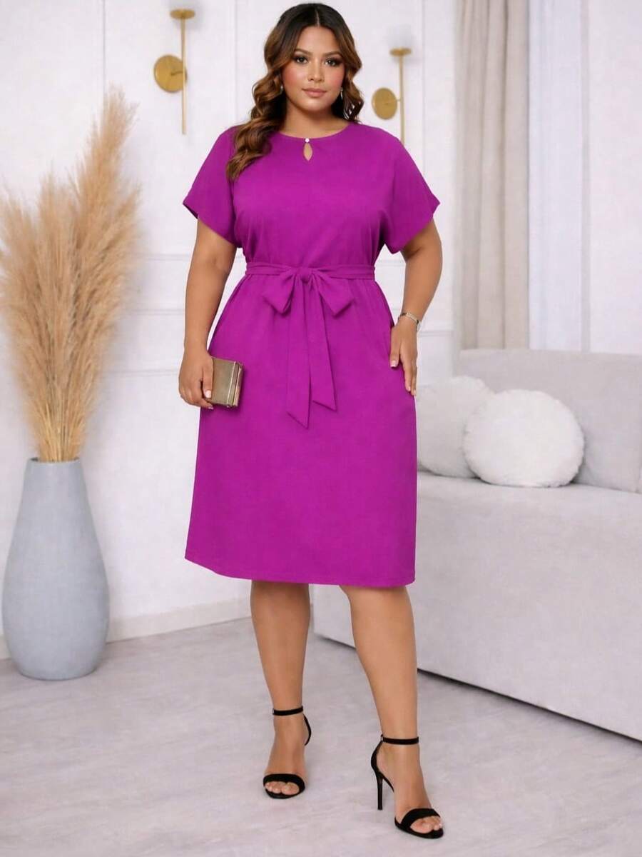 Women's Plus Size Midi Dress, Loose Fit, Comfortable, And Loose Style. - 玫瑰紅 - 查看 1