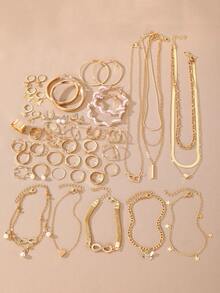 Conjunto de joyería metálica asimétrica para mujer, que incluye collar, aretes, anillo, pulsera y tobillera - Amarillo Oro - Ver 6