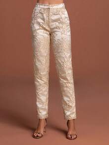 Chic Women's Two Pieces Suit With Lapel Collar Blazer And Matching Trousers, Featuring Exquisite Floral Pattern And Regular Sleeves - Apricot - View 6