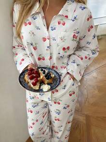 Nina Bonheur 2pcs Women Lapel Long Sleeve Top + Elastic Waist Pants Pajama Set - White - View 3