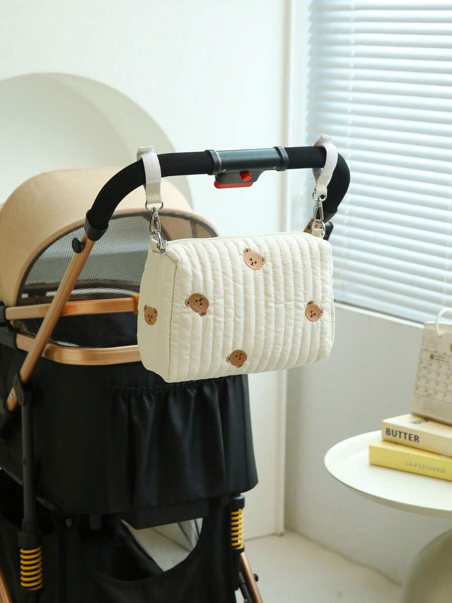 1pc Quilted Stroller Hanging Bag, Embroidered Bear Maternity Diaper Bag, Newborn Gift - Multicolor - View 1
