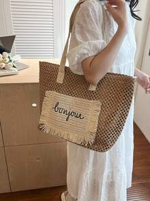 Summer Straw Beach Bag, Large Capacity Tote Bag, Grocery Basket, Handbag, Vacation Style, Simple & Versatile, Multi-Pocket Design, Suitable For Dresses, Shopping, Travel, Storage, Wicker Bag - Khaki - View 4