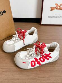 2026春季新款复古系带厚底运动鞋，女款，仿皮撞色休闲运动鞋 - 紅色 - 查看 3