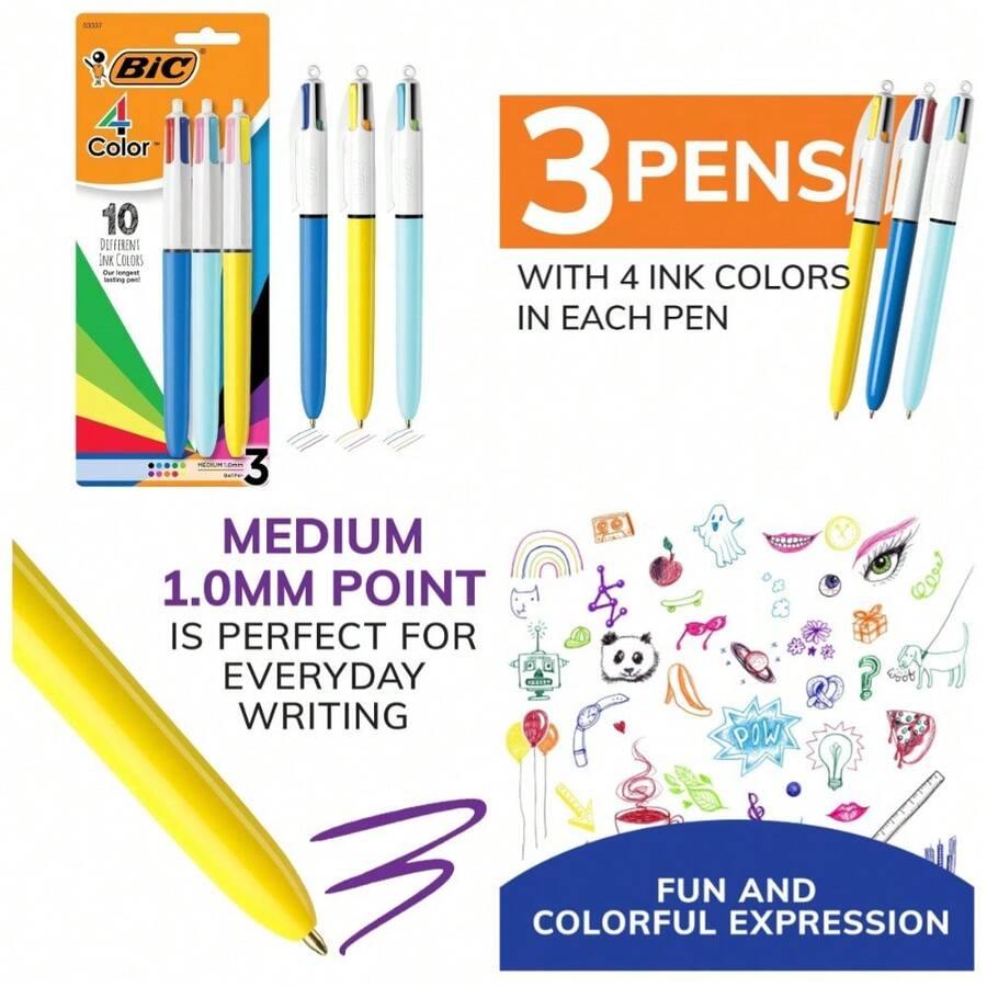 4-Color Retractable Ballpoint Pen Set With Long-Lasting Ink And Wide Comfort Grip , 3-Pack Assorted Colors - 1 - 查看 1