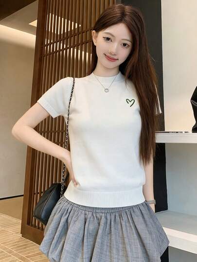 Women's Casual Comfortable Breathable Versatile Simple Knit Short Sleeve Top White Summer