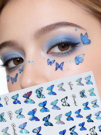 1pc Ombre Blue Butterfly Face Sticker, Holographic Sparkling Rhinestone Decal, Ethereal Eye Makeup Decoration, Photo Shoot & Selfie Atmosphere Facial Jewel, Music Festival Stage Makeup Butterfly Face Accessory For Y2K, Kpop, Carnival, Facial Glitter
