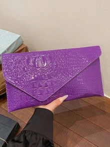 时尚纯色优雅鳄鱼纹信封手拿包，休闲百搭手提包 - 紫色 - 查看 11