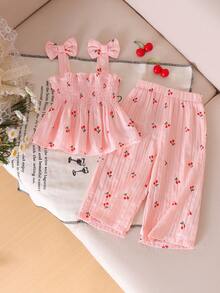 2pcs Baby Girls Cute Fresh Suspender Top + Pants Set, Spring/Summer - Pink - View 1