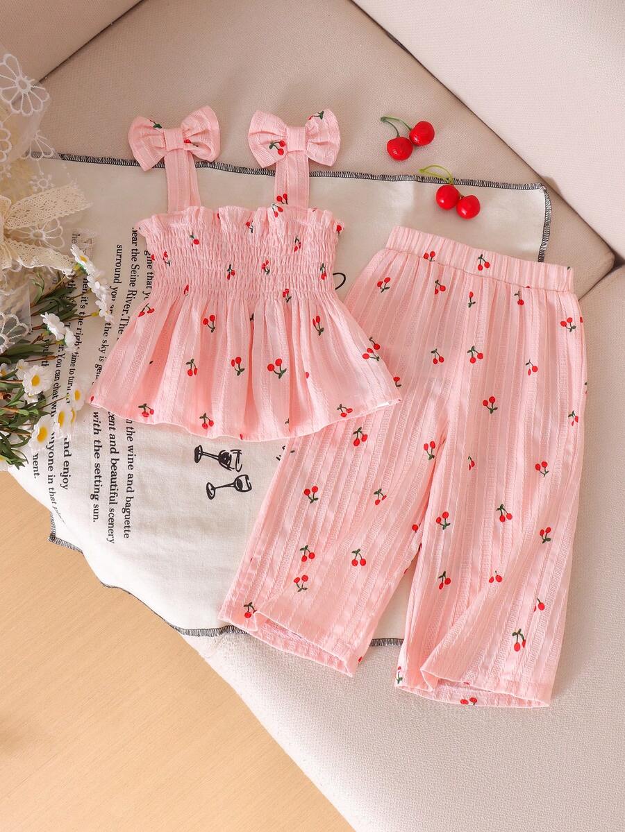 2pcs Baby Girls Cute Fresh Suspender Top + Pants Set, Spring/Summer - Pink - View 1
