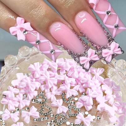 混合风格蝴蝶结美甲装饰，心形水钻美甲装饰，粉色3D蝴蝶结树脂美甲贴片，饰有水钻，可爱美甲装饰，女士美甲配件