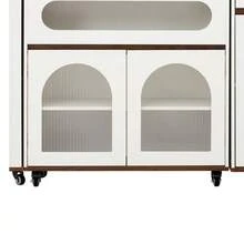 Kitchen Island With Wheels, Extendable Dining Table With Power Strips And Ribbed Glass, Sideboard With One Drawer, Serves As A Kitchen Island, Sideboard For Kitchen And Dining Room (White + Walnut) - White - View 11