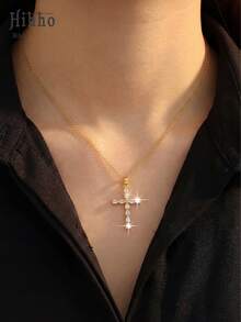 Hihho 1件简约奢华闪亮锆石十字架吊坠项链，优雅中性珠宝，寓意深刻，适合作为送给女友、闺蜜或节日礼物 - 金黃色 - 查看 2