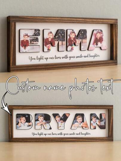 1pc Personalized Name Photo Wooden Frame For Baby Room Decoration - Customized Baby Keepsake. This Personalized Name Photo Wooden Frame Is Not Only An Exquisite Decoration For The Baby's Room But Also A Unique Baby Souvenir. The Frame Is Engraved With The Baby's Name And A Hollowed-Out Photo Pattern, Making It The Perfect Gift For Expectant Mothers Or New Parents. Made From High-Quality Wood, It Is Also A Warm Birthday Gift For The Baby Or A Thoughtful Present For The Mother.