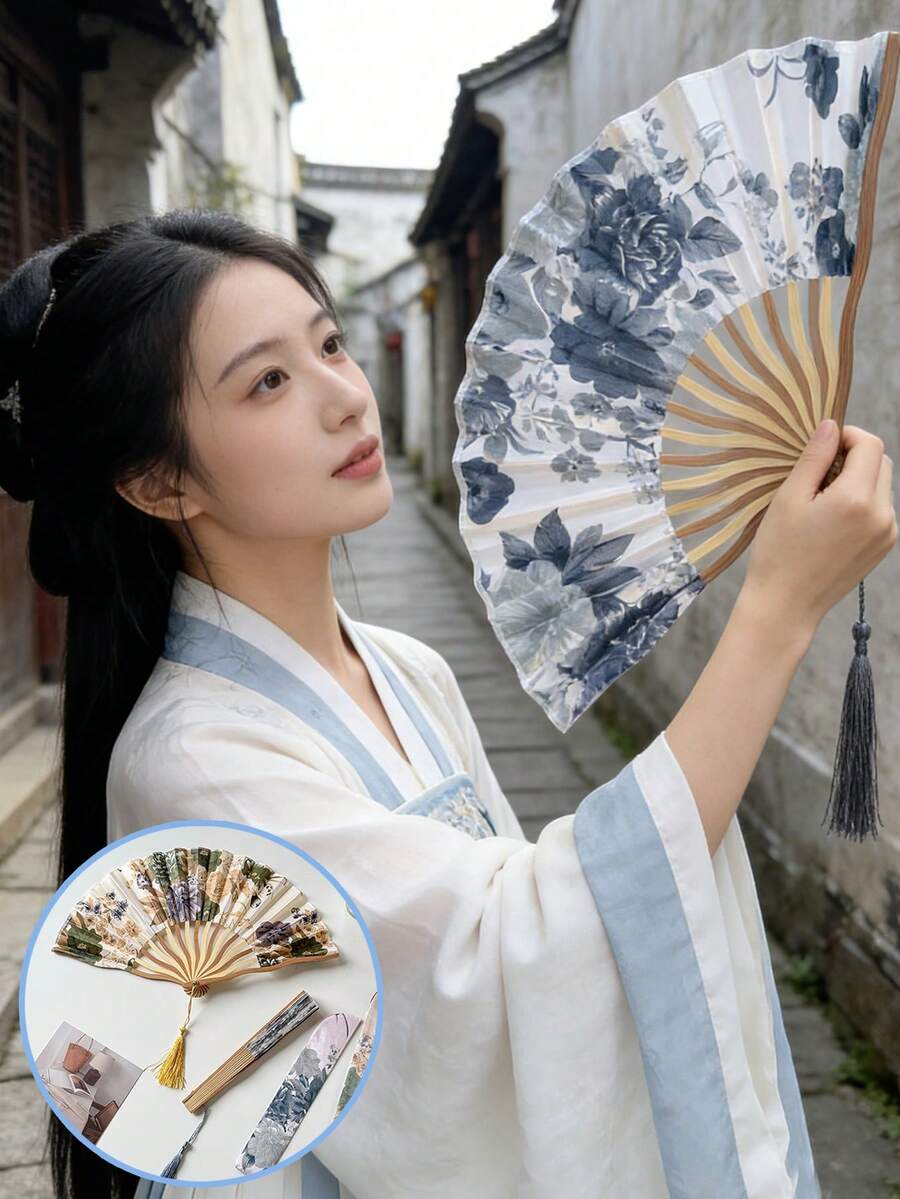 1件復古中式折疊竹製手搖扇附收納套，精緻工藝花卉圖案優雅夏季涼扇，婚禮舞會音樂節表演拍照道具裝飾，理想婚禮伴手禮與開學禮物