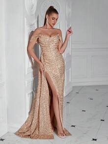 Women's 2026 Sequin Tulle Off Shoulder Floor Length Formal Evening Gown, Elegant Dress For Wedding Guest, Prom & Party - 香檳色 - 查看 4